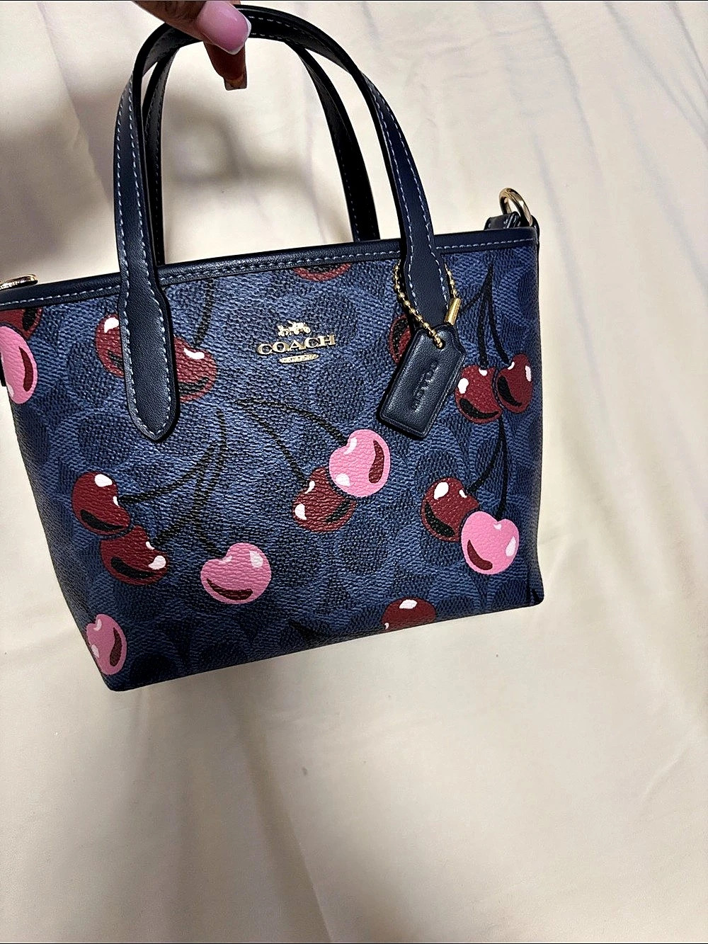 Coach City Mini Tote Bag In Signature Canvas With Cherry Print Cherry Print Blue
